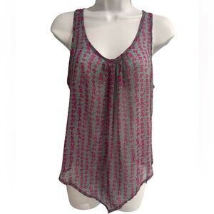 Loila Open Split Back Sheer Swing Tank Pink & Blue Gray Asian Character Print